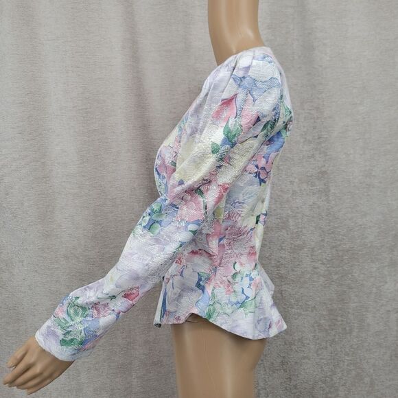 Ann Hobbs Vintage 80s Pastel Floral Tapestry Hourglass Peplum Blazer - Picture 7 of 15
